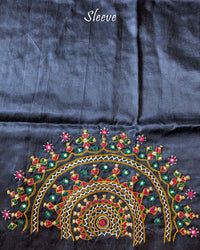Sleeve Detail of Navy Blue Mashru Silk Bavadiya Handwork Blouse Piece