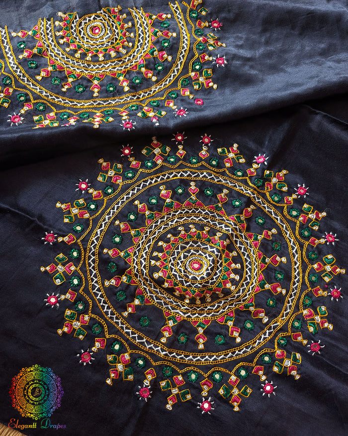 Navy Blue Mashru Silk Bavadiya Handwork Blouse