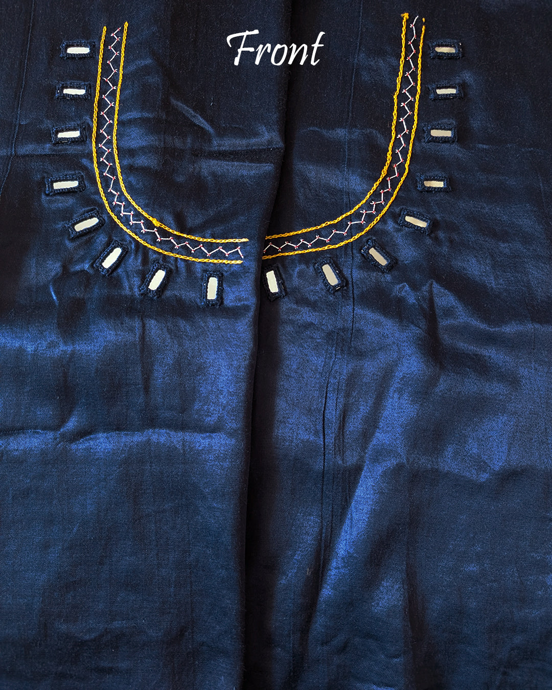 Midnight blue Mashru silk blouse piece with Kutch embroidery front