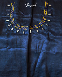 Midnight blue Mashru silk blouse piece with Kutch embroidery front