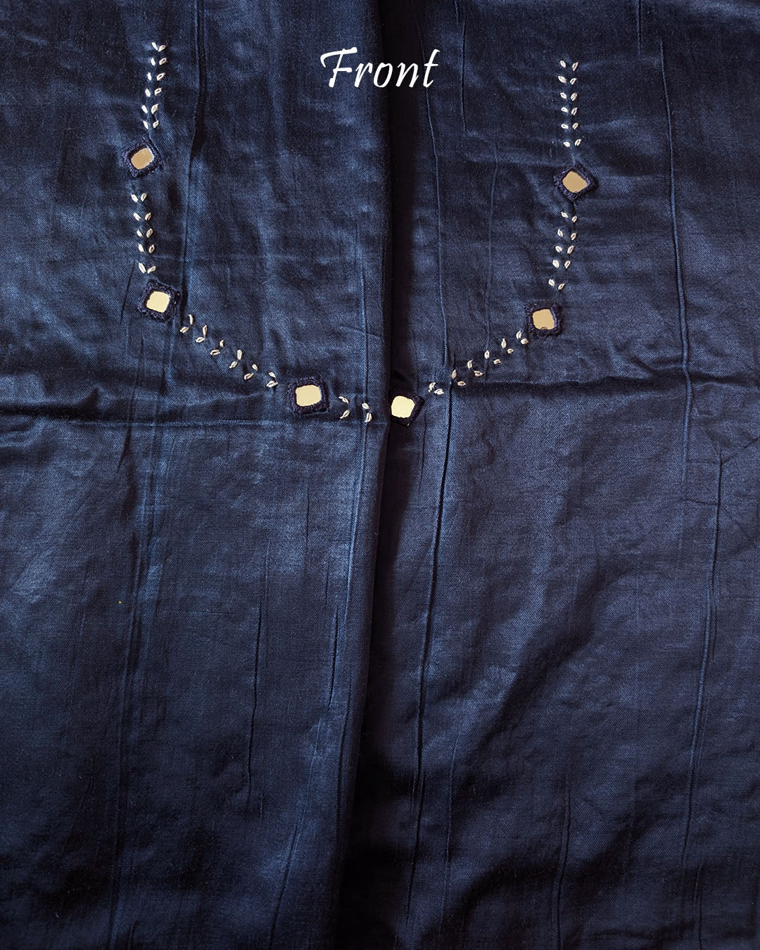 Front neck of  Navy Blue Mashru Silk Blouse with Kutch Mirror and Thread Work