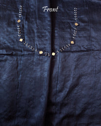 Front neck of  Navy Blue Mashru Silk Blouse with Kutch Mirror and Thread Work