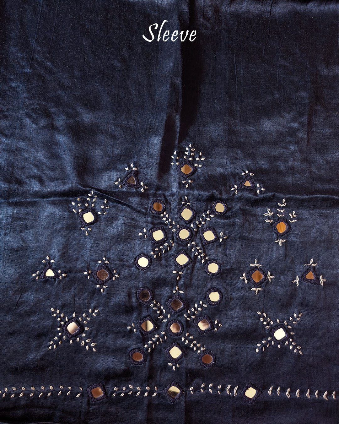 Sleeve Detail of Navy Blue Mashru Silk Blouse with Kutch Mirror and Thread Work