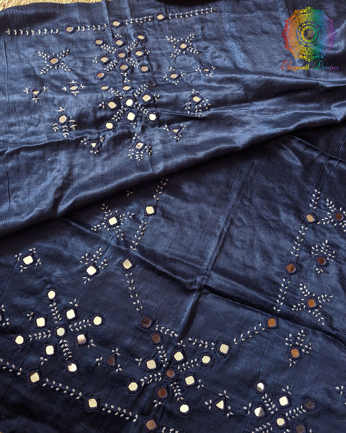 Navy Blue Mashru Silk Kutch Mirror Handwork Blouse Front View with Thread Embroidery