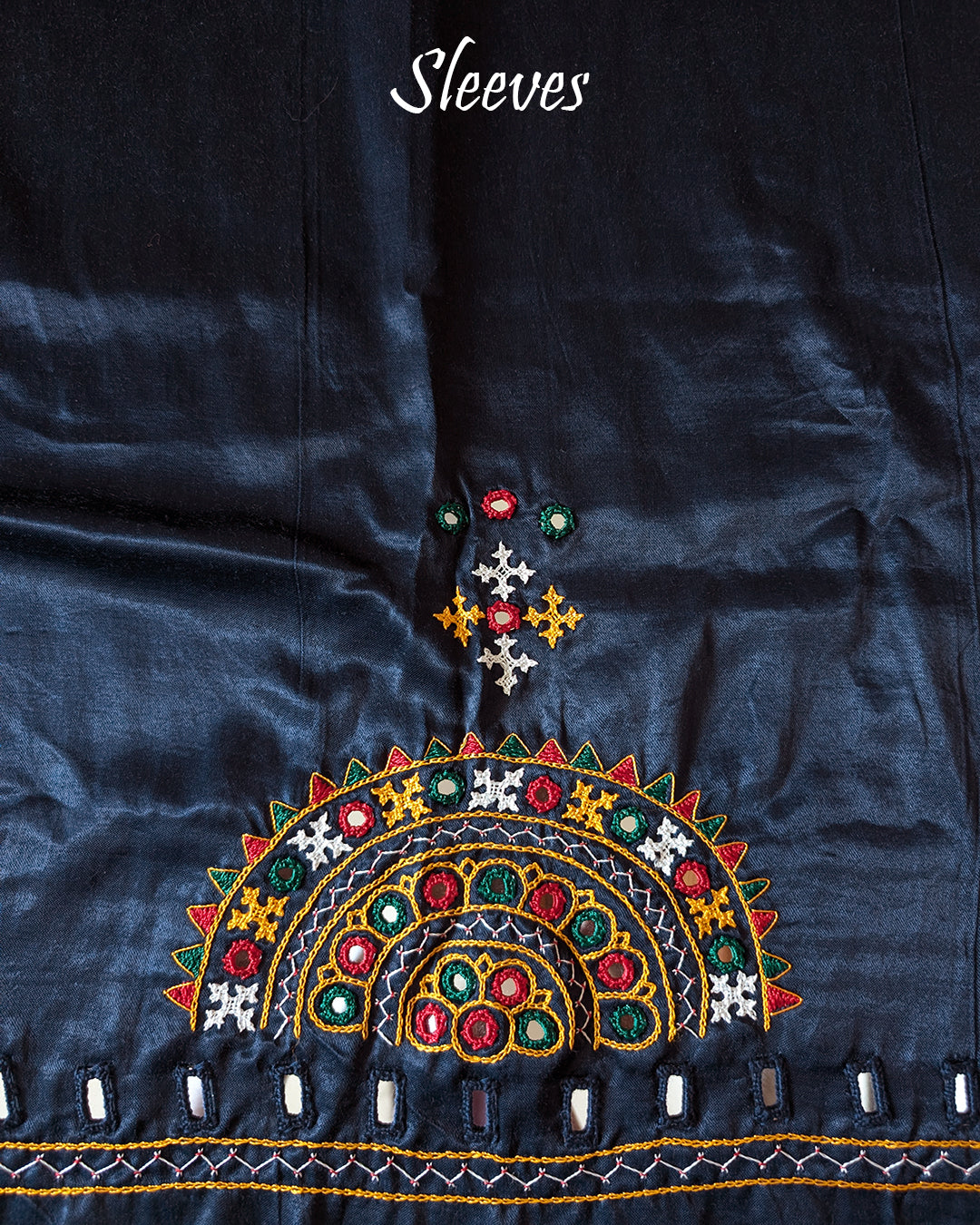 Midnight blue Mashru silk blouse piece with Kutch embroidery sleeve