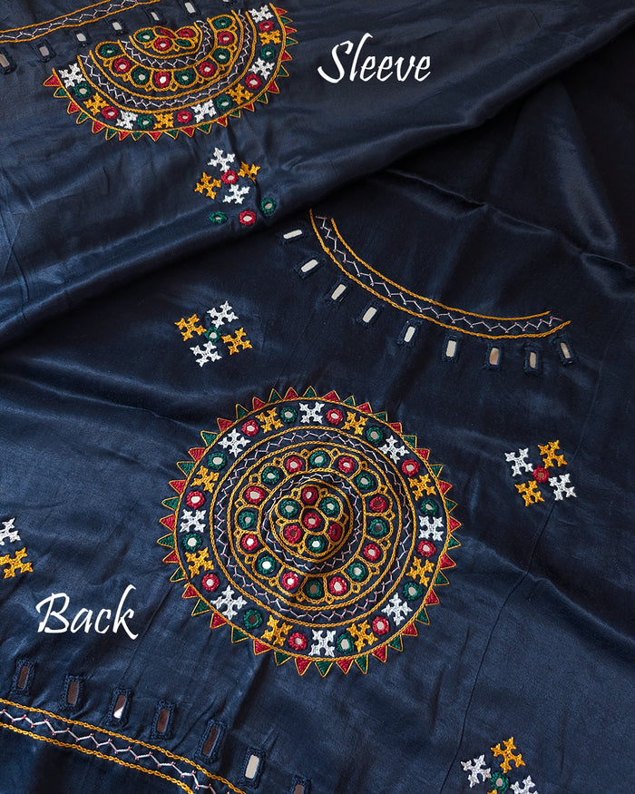 Midnight blue Mashru silk blouse piece with Kutch embroidery full view