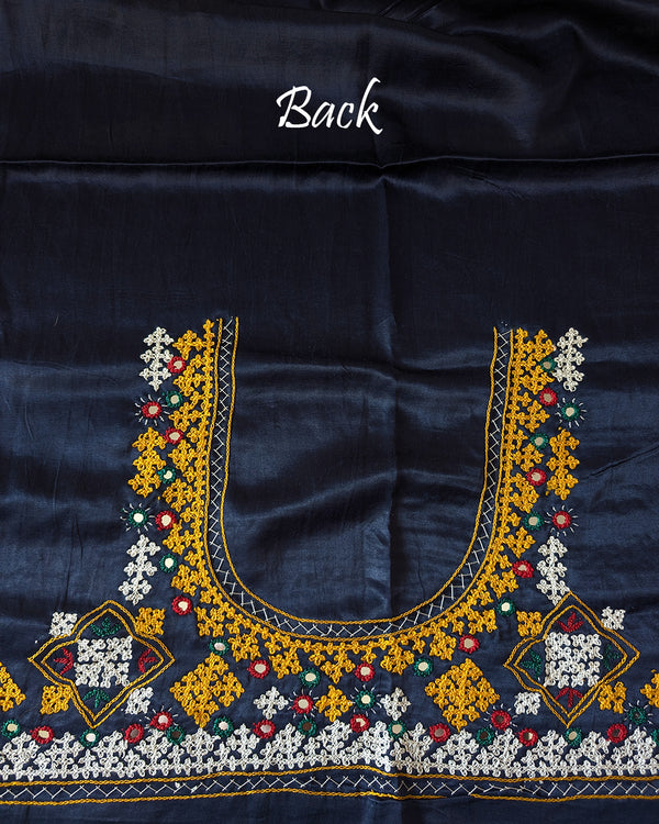 Back embroidery detail on navy blue Mashru silk blouse fabric
