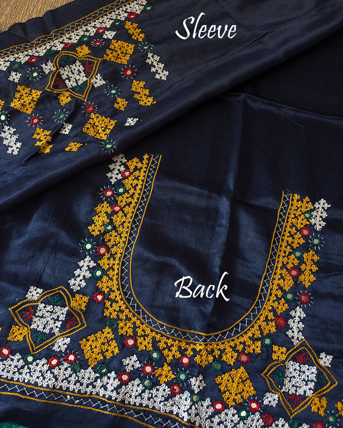Navy blue Kutch Bavadiya handwork Mashru silk blouse piece full fabric view