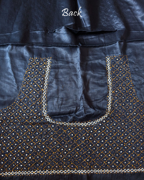 Back View of Navy Blue Mashru Silk Kutch Mirror Work Blouse Piece
