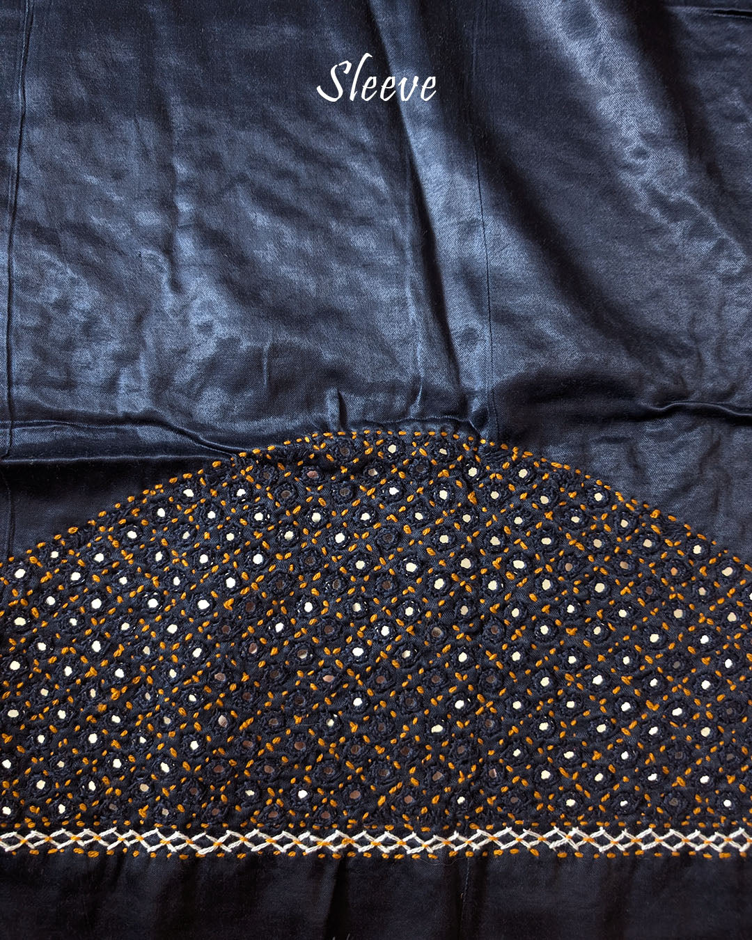 Sleeve Detail of Navy Blue Mashru Silk Blouse with Heavy Mirror and Thread Work