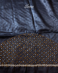 Sleeve Detail of Navy Blue Mashru Silk Blouse with Heavy Mirror and Thread Work