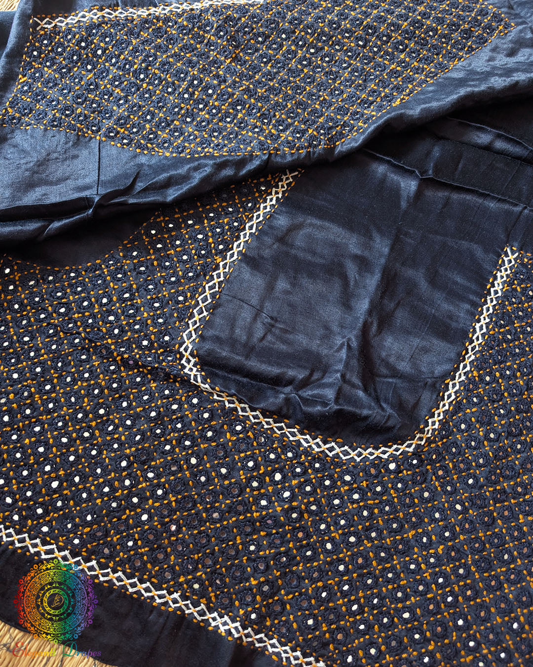 Navy Blue Mashru Silk Kutch Mirror Work Blouse Front View with Heavy Thread Embroidery