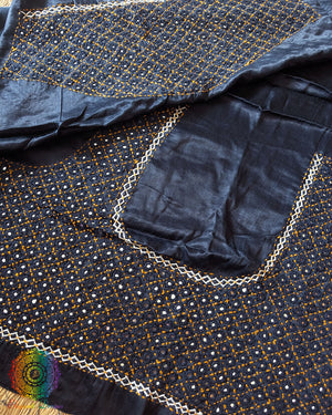 Navy Blue Mashru Silk Kutch Mirror Work Blouse Front View with Heavy Thread Embroidery
