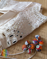 Close-up of handcrafted Kutch mirror work embroidery on the Off White Mashru Silk Designer Blouse