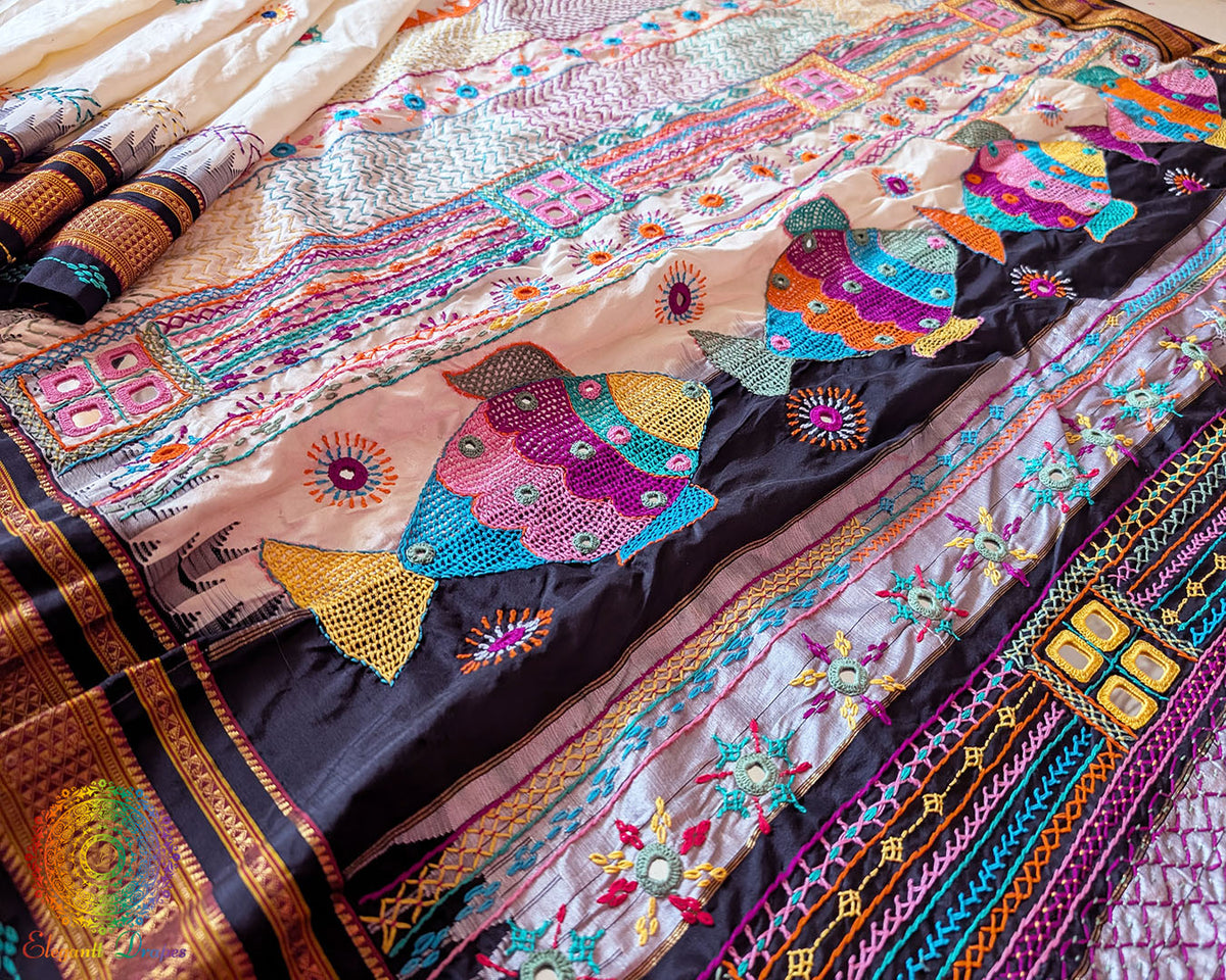 Black palla close up showcasing traditional Lambani embroidery on pure Ilkal silk saree
