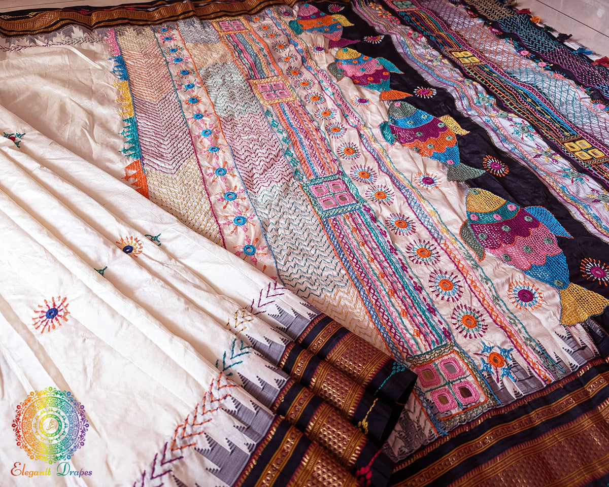 Intricate Lambani embroidery craftsmanship on pure Ilkal silk saree
