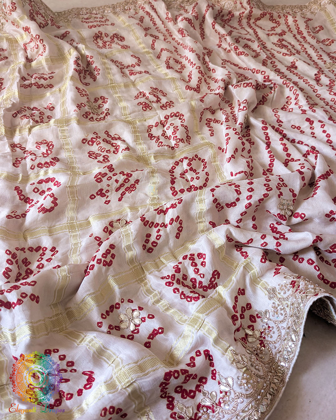 Close-up of Gota Patti Handwork on Ivory White Gajji Silk Gharchola Saree