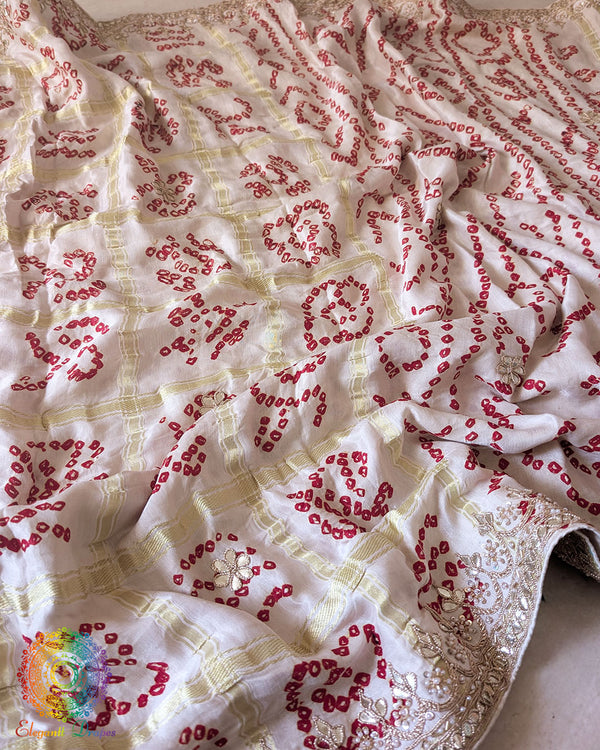 Close-up of Gota Patti Handwork on Ivory White Gajji Silk Gharchola Saree