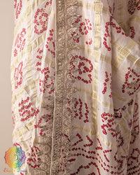Close-up of handcrafted Gota Patti work on Ivory White Gajji Silk Gharchola Saree