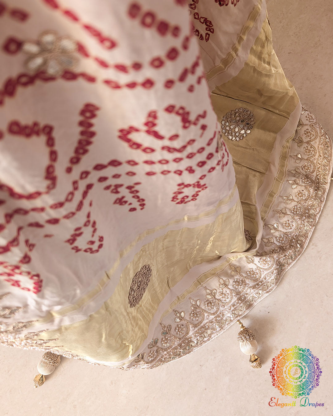 Close-up of Gota Patti embellishment on Ivory White Gajji Silk Gharchola Saree