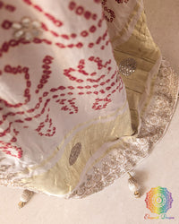 Close-up of Gota Patti embellishment on Ivory White Gajji Silk Gharchola Saree