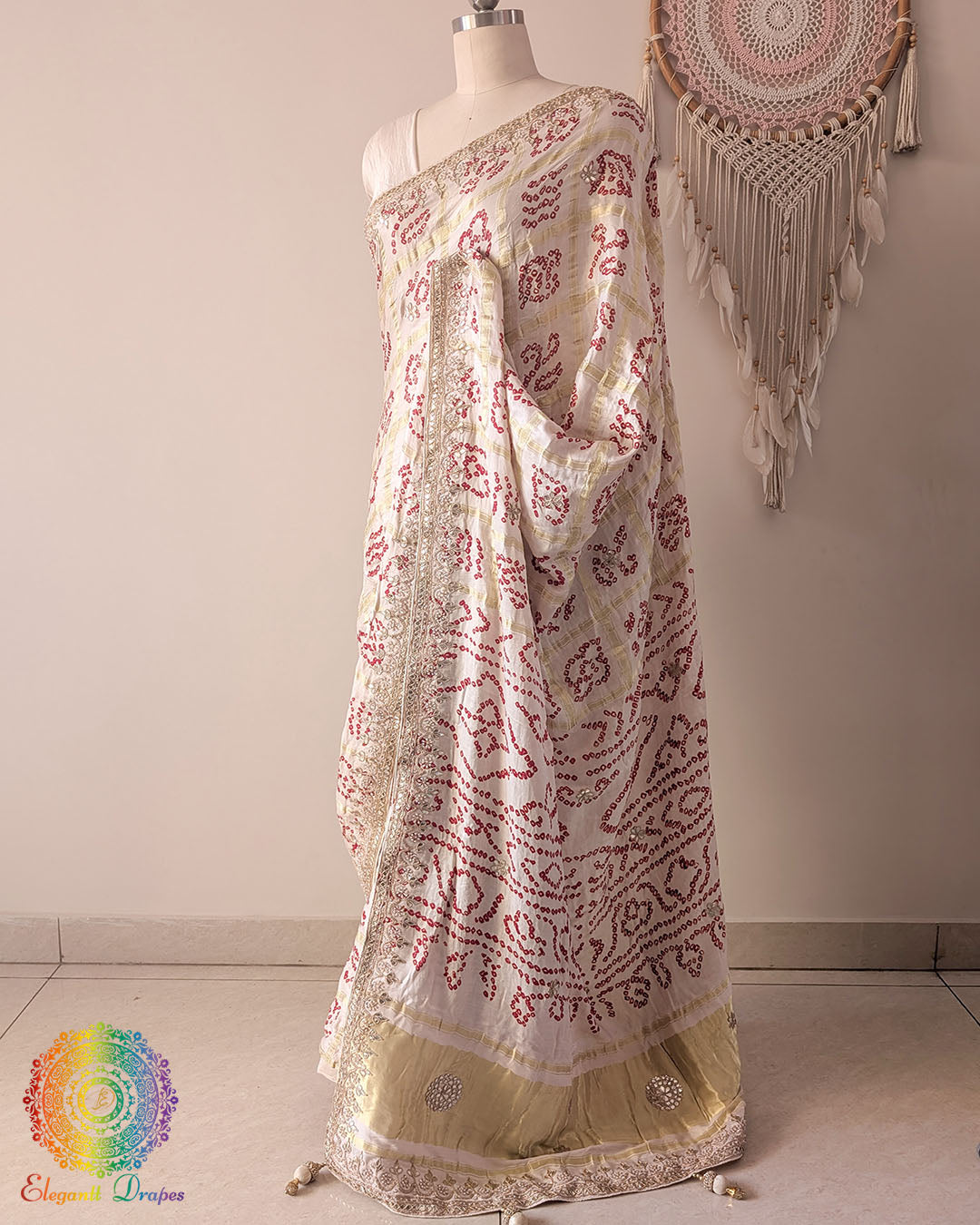 Ivory White Gajji Silk Gharchola Saree with Gota Patti Handwork side drape
