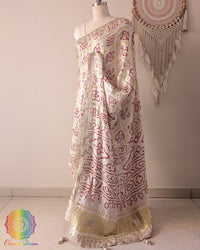 Ivory White Gajji Silk Gharchola Saree with Gota Patti Handwork side drape