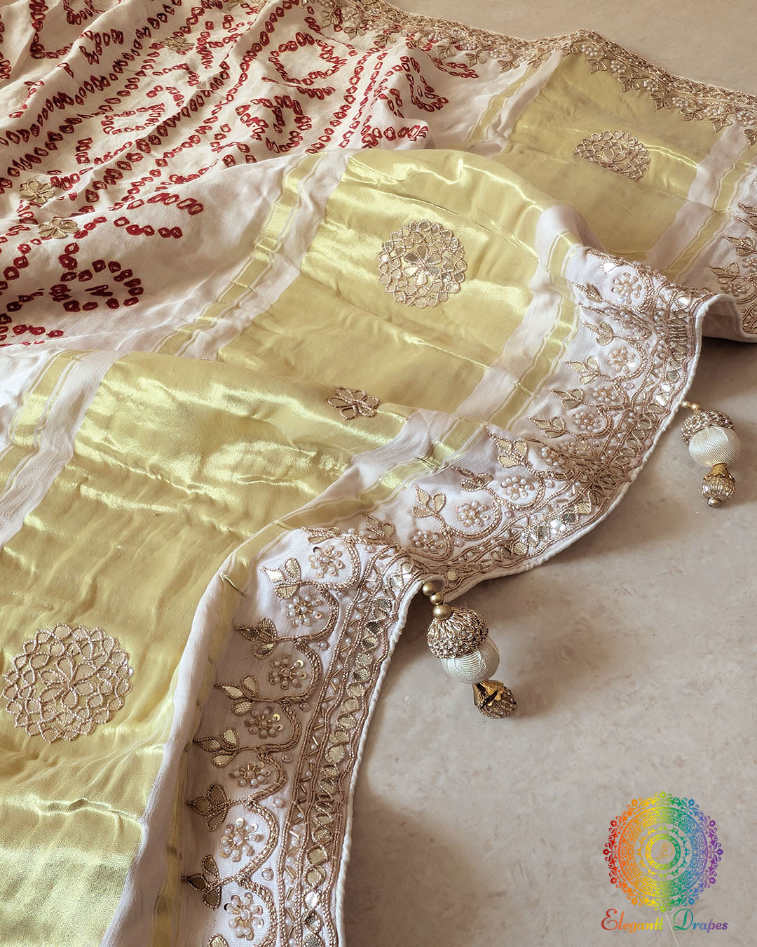 Close-up of Gharchola pattern and Gota Patti Handwork on Ivory White Gajji Silk Saree