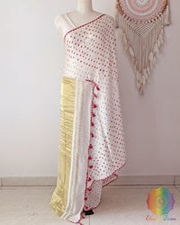 Ivory White Gajji Silk Saree with traditional Red Bandhani motifs