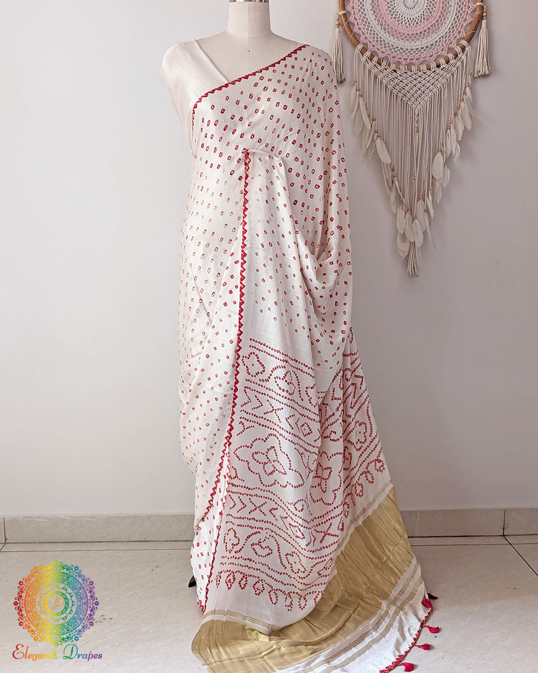 Ivory White Pure Gajji Silk Bandhani Saree with Red Bandhani front drape