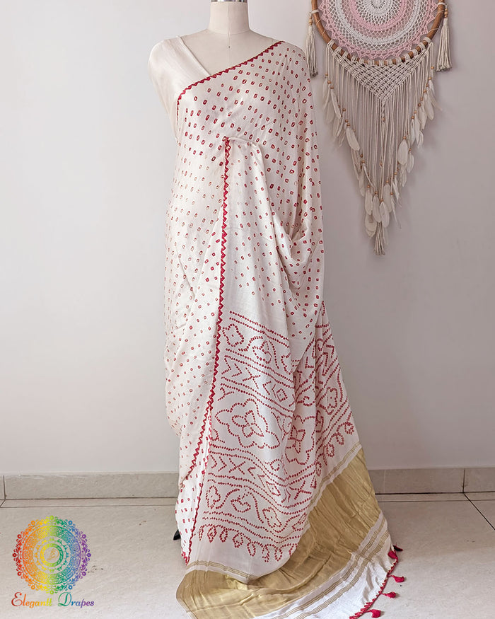 Ivory White Pure Gajji Silk Bandhani Saree with Red Bandhani front drape
