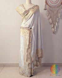 Off white gold soft tissue silk cutdana handwork saree open view