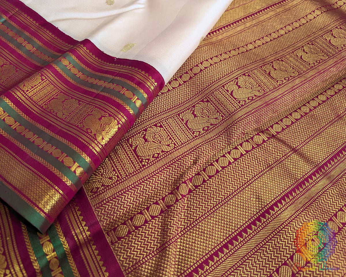Green and Deep Red 2 Gram Zari Border on Off White Pure Kanjivaram Silk Saree