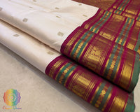 Off White Pure Kanjivaram Silk Saree Pleats with Traditional Zari Weaving