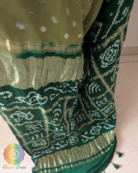 Close-up of Bandhani tie-dye dots on the Olive Green Pure Gajji Silk Saree