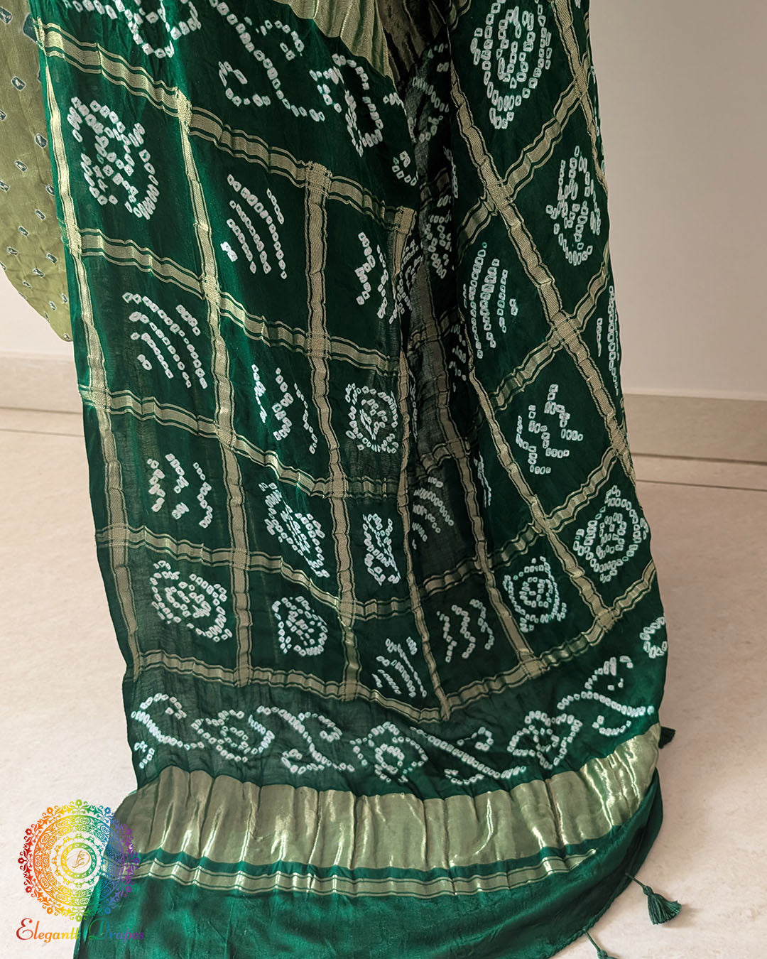 Gharchola pallu detail of the Olive Green Pure Gajji Silk Bandhani Saree
