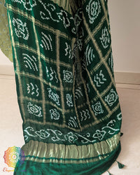 Gharchola pallu detail of the Olive Green Pure Gajji Silk Bandhani Saree