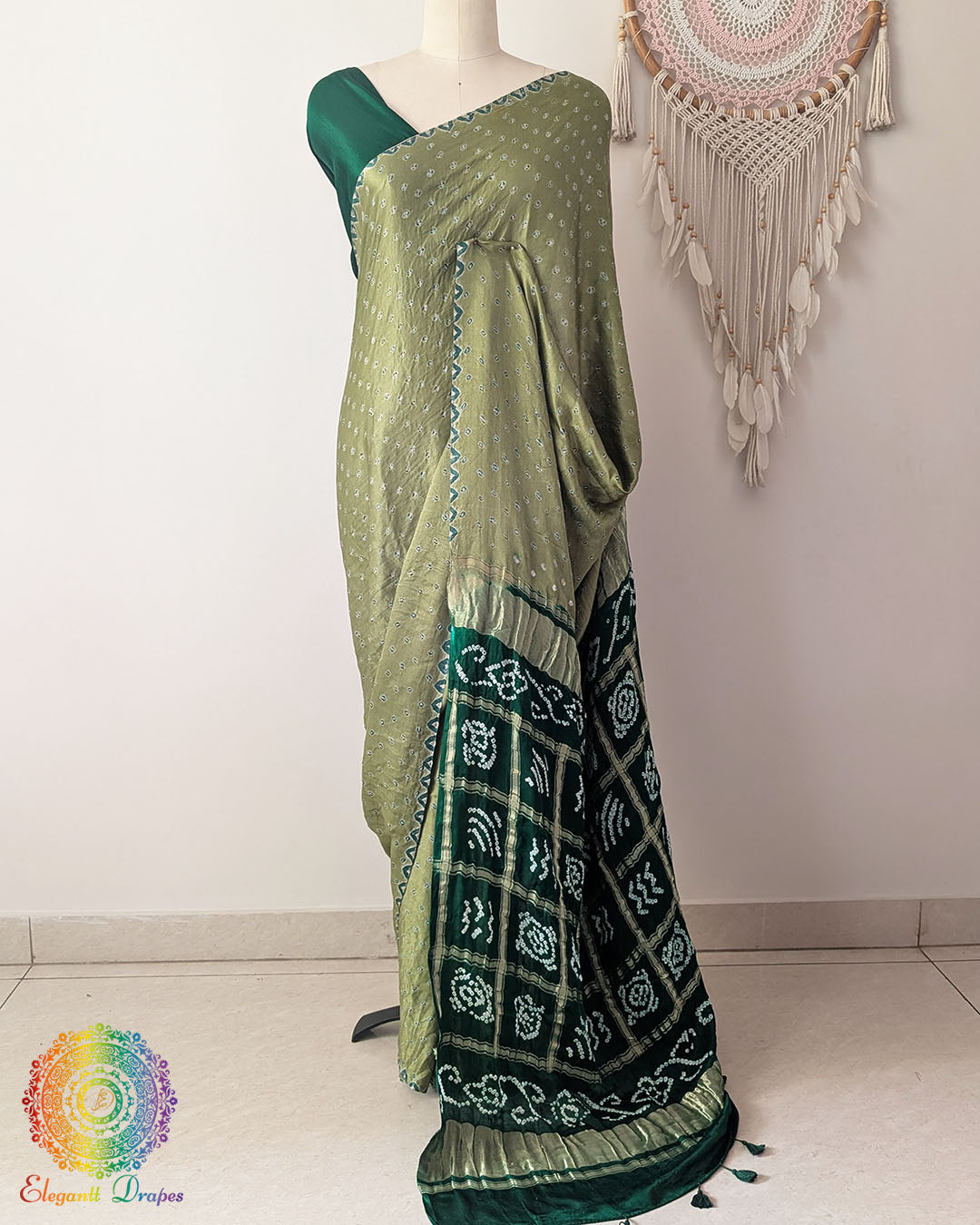 Olive Green Gajji Silk Bandhani Saree with traditional Bandhani dots