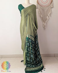 Olive Green Gajji Silk Bandhani Saree with traditional Bandhani dots