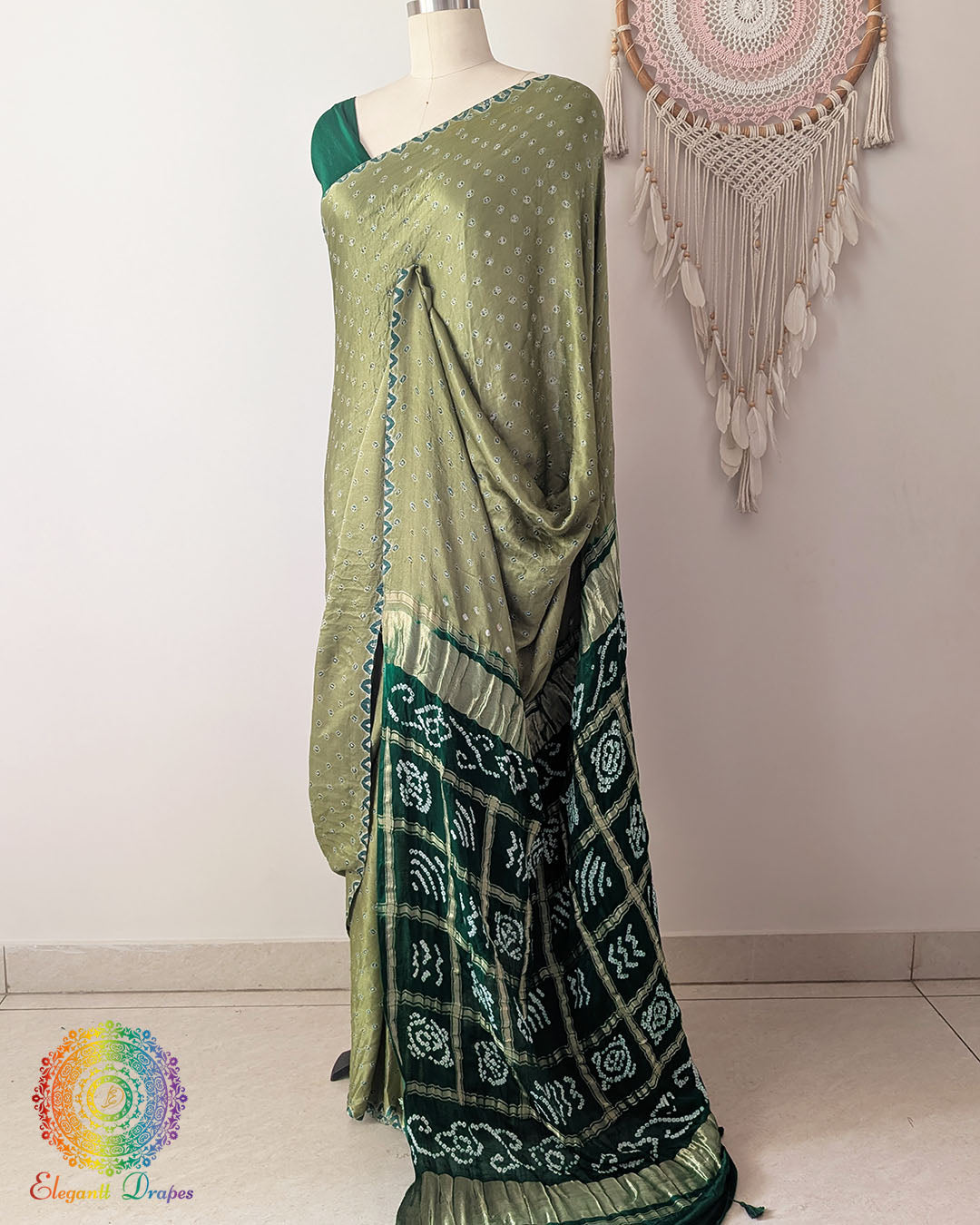 Side view of the Olive Green Pure Gajji Silk Bandhani Saree