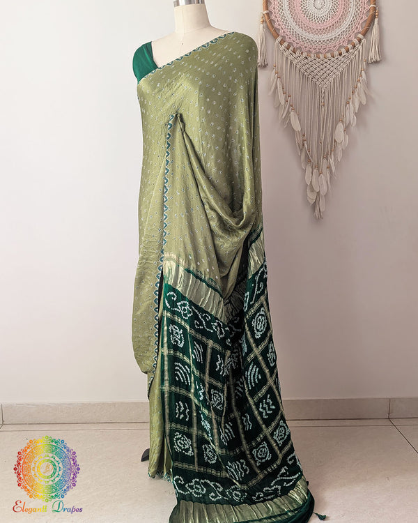Side view of the Olive Green Pure Gajji Silk Bandhani Saree
