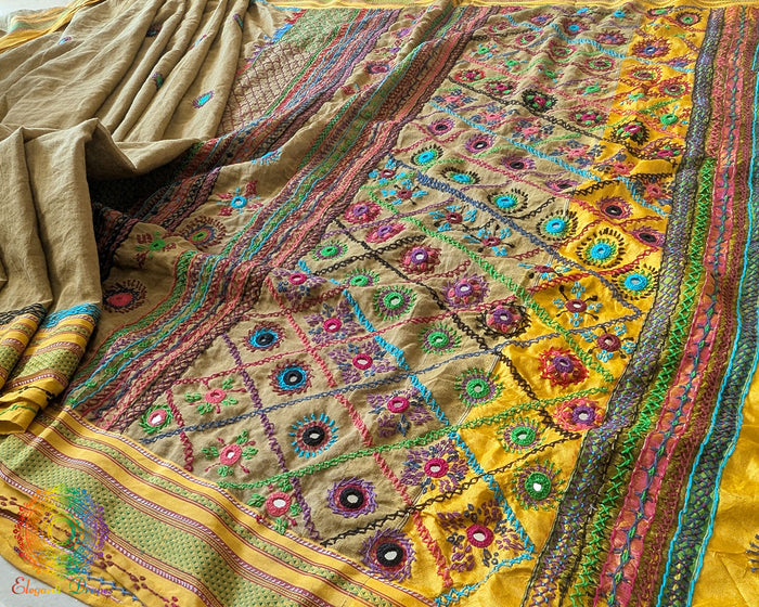 Olive mustard Ilkal cotton saree with Lambani handwork open view