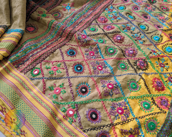 Close up of olive mustard Ilkal cotton saree with Lambani embroidery