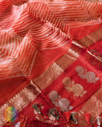 Close-up of Banarasi Handloom weave on Orange Kora Silk Dupatta