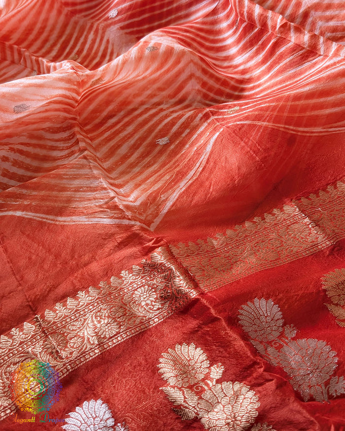Orange Banarasi Handloom Kora Silk Arashi Shibori Dupatta full view