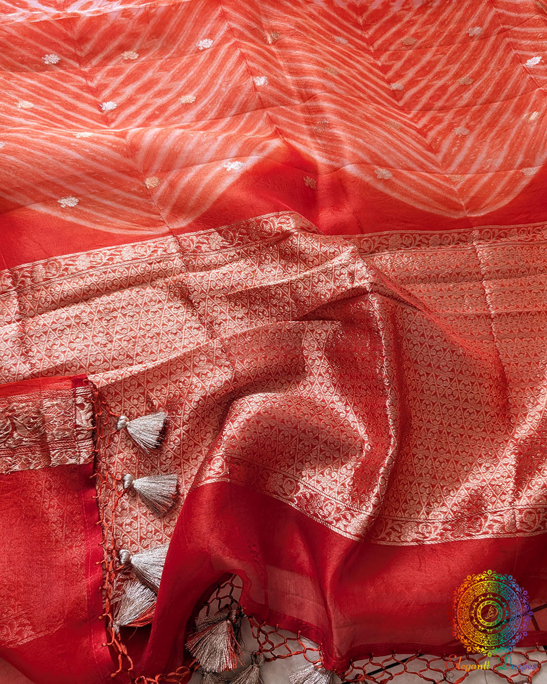 Orange Leheriya Pallu on Banarasi Handloom Kora Silk Saree