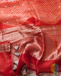 Orange Leheriya Pallu on Banarasi Handloom Kora Silk Saree