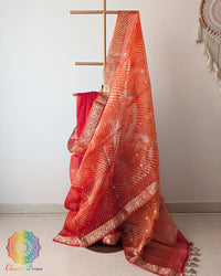 Orange Banarasi Handloom Kora Silk Leheriya Saree draped view