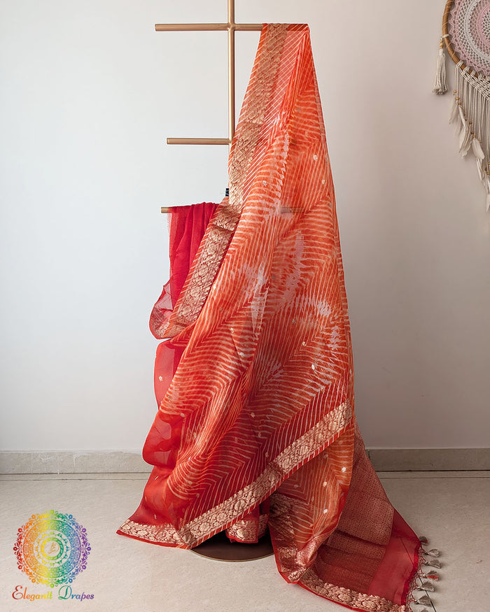 Orange Banarasi Handloom Kora Silk Leheriya Saree draped view