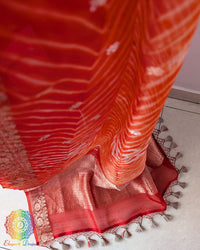 Close-up of Leheriya Pallu and Banarasi Zari Border on Orange Kora Silk Saree